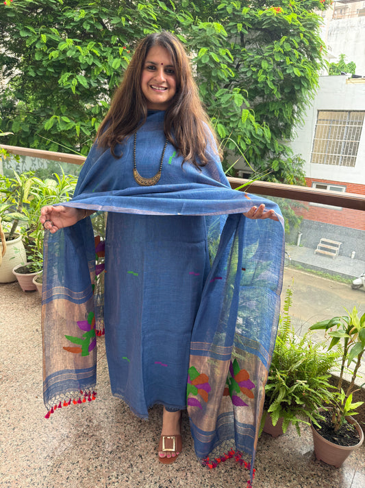 STEEL BLUE TISSUE LINEN JAMDANI HANDWOVEN KURTA SET