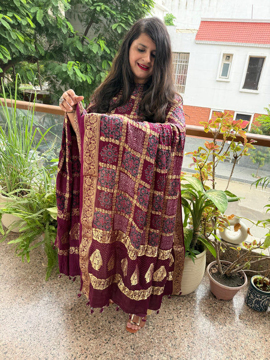 BEIGE GOLDEN SOLID MODAL SILK SUIT WITH AJRAKH  GHARCHOLA HANDCRAFTED MODAL SILK DUPATTA  ps-230
