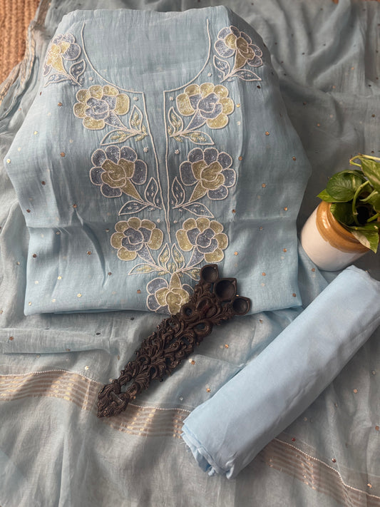 CELESTE BLUE CHANDERI LUCKNOWI CHICKENKARI WITH MOTI  CUTDANA WORK HAND EMBROIDERY THREE PIECE SUIT