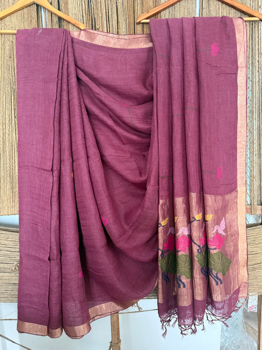 CLARET MAROON HANDWOVEN JAYSHREE LINEN JAMDANI SARI