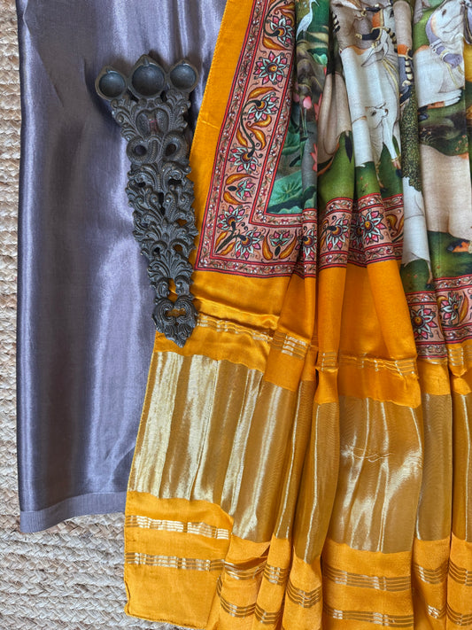 GREY SOLID MASHRU SILK KURTA WITH PATOLA  PICHWAI PRINTED MODAL SILK DUPATTAS  PS-10137