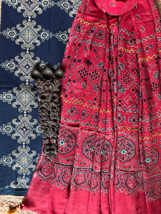 NAVY BLUE AJRAKH HANDBLOCK AND HAND EMBROIDERY KURTA WITH  AJRAKH HAND EMBROIDERY DUPATTA