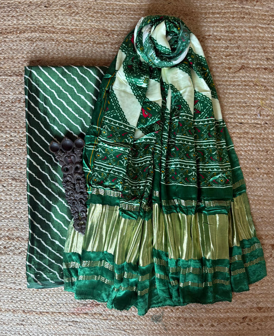 GREEN LEHERIYA MASHRU SILK KURTA WITH PATOLA HANDCRAFTED MODAL SILK DUPATTA