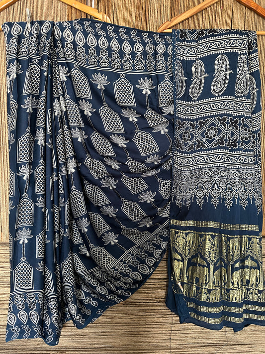 BLUE AJRAKH PRINT  MODAL SILK SARI WITH ZARI BORDER