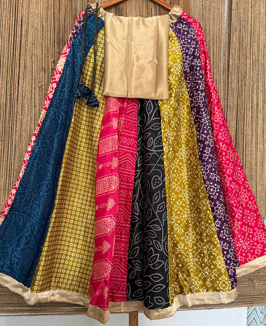 Mustard mashru silk blouse-with bandhani Patola patchwork  handcrafted mashru silk Skirt