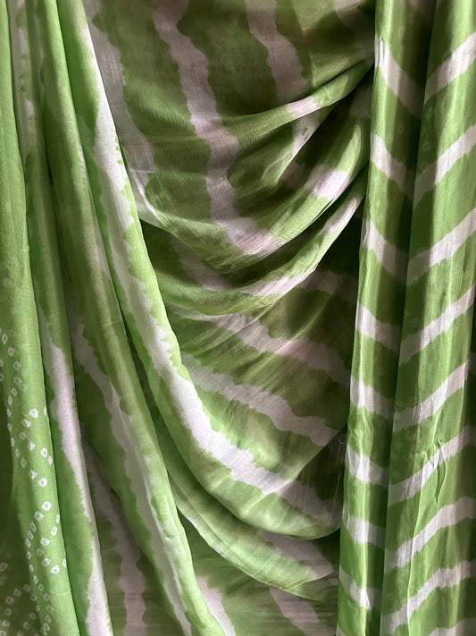 OLIVE GREEN BANDHANI LEHERIYA HANDCRAFTEDCHIFFON SARI