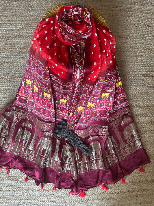 CANDY RED MODAL SILK BANDHANI DUPATTA WITH PICHWAI PRINT IN NAKSHI BORDER