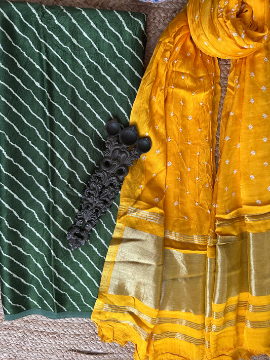 GREEN LEHERIYA MASHRU  SILK KURTA WITH  BANDHANI DOTS HANDCRAFTED MODAL SILK DUPATTA PS- 10155
