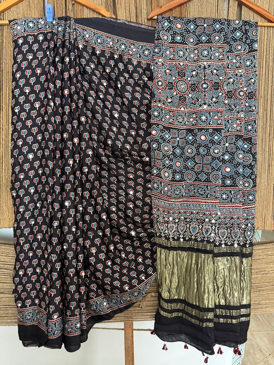 BLACK AJRAKH HANDCRAFTED MIRROR WORK MODAL SILK SARI WITH ZARI PALLU