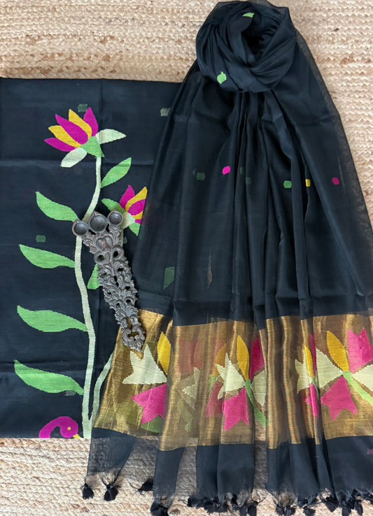 Black handwoven jamdani pure cotton silk kurta set mjk