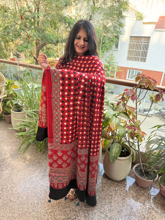 MAROON AJRAKH MODAL SILK HANDBLOCK KURTA SET