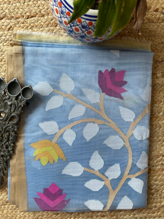 POWDER BLUE HANDWOVEN PURE MUSLIN SILK SARI