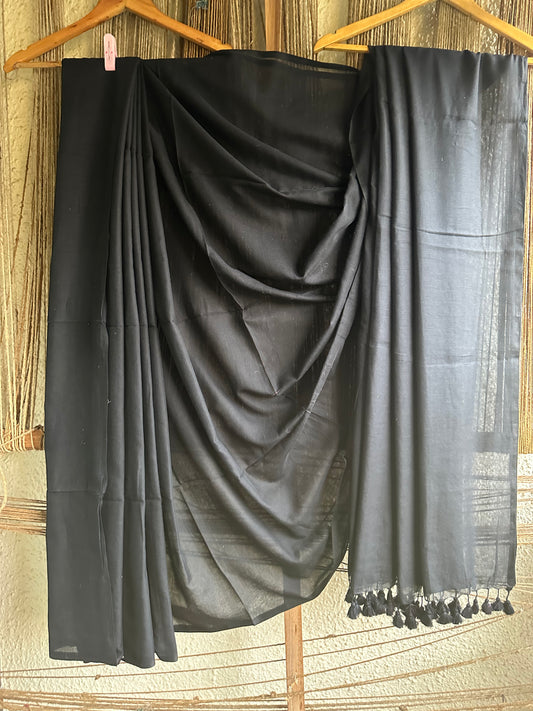 BLACK COTTON MULL HANDLOOM SARI