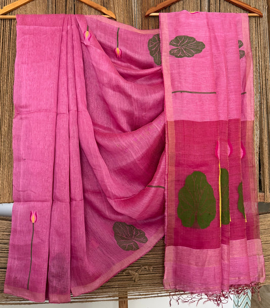 CANDY FLOSS PINK COPPER TISSUE LINEN JAMDANI HANDWOVEN SARI WITH ELEGANT WOVEN MOTIFS
