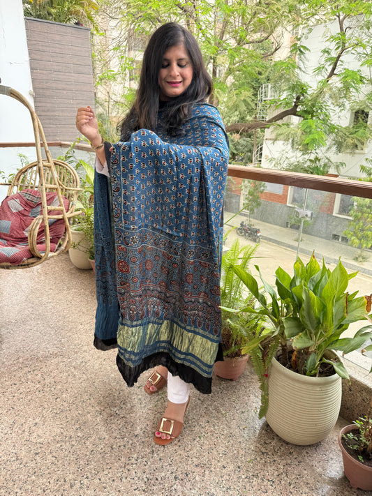 BLUE AJRAKH SILK ZARI WOVEN DUPATTA