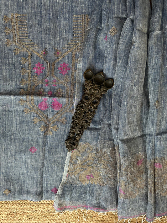 STONE BLUE  JAMDANI WOVEN LINEN  KURTA SET LJS- 1032