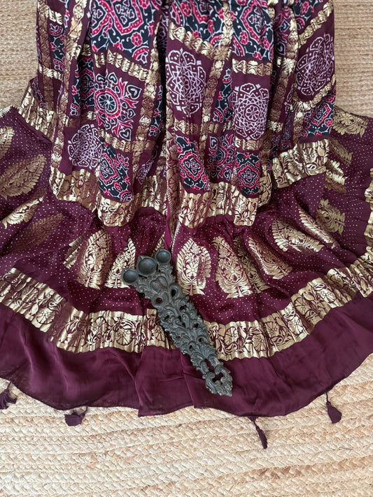 Rasin Purple modal silk ajrakh handcrafted gharchola dupatta with ajrakh print in nakshi border