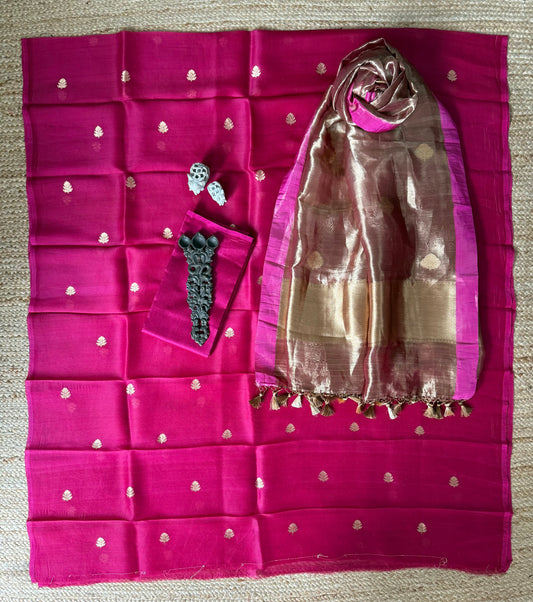 Bright pink  Kora silk certified handloom Banarsi kadwa Booti three piece suit   CBS-50