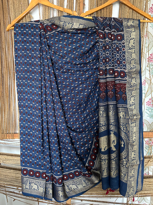 INDIGO DOLA  SILK AJRAKH ZARI BORDER SARI