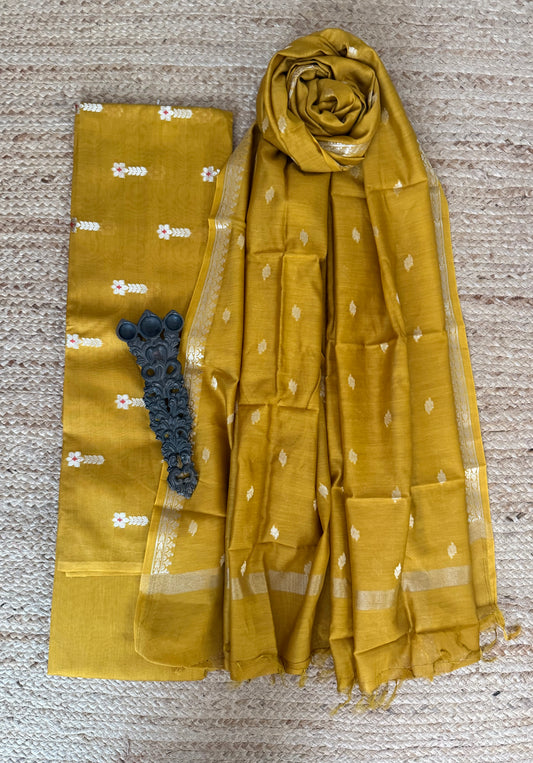 Golden Apricot Yellow Chanderi handloom  banarsi booti three piece suit