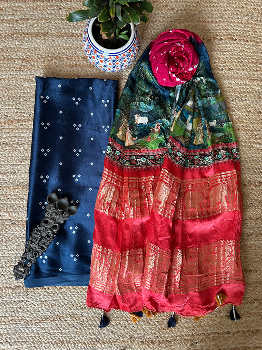 BLUE MASHRU KURTA WITH BANDHANI PICHWAI HANDCRAFTED  MODAL SILK DUPATTAS