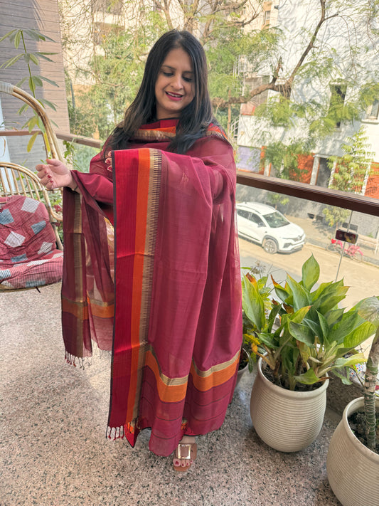MAROON MAHESHARI BORDER SILK HANDLOOM KURTA SET