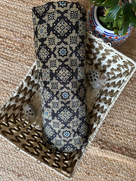 BLACK MASHRU AJRAKH HANDCRAFTED SILK FABRIC