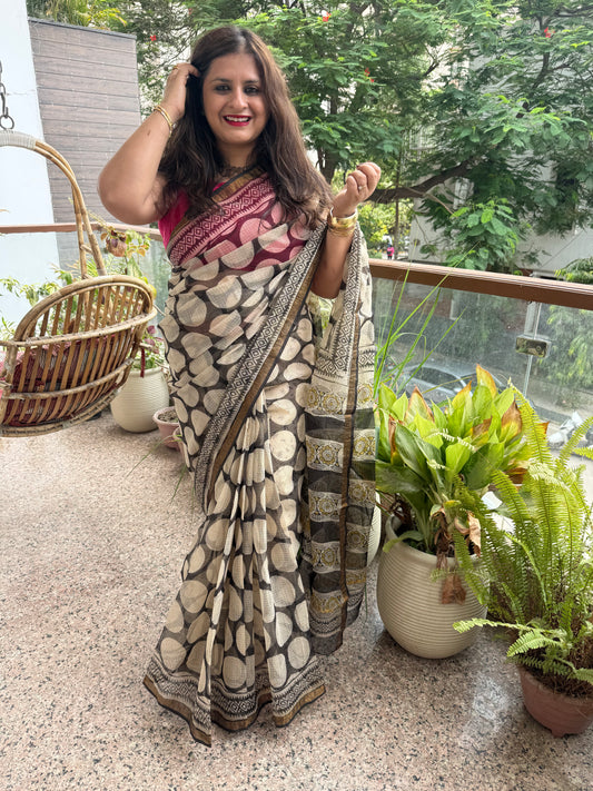 Beige & Black kota doria handblock sari