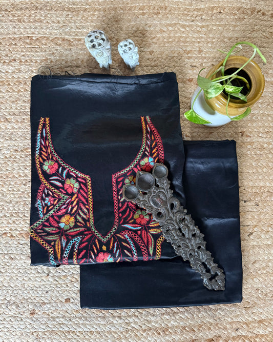 BLACK MASHRU SILK HAND EMBROIDERY KASHMIRI HANDEMBROIDERY SOZNI WORK CORD SET Cs- 24