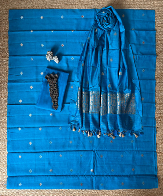 FIROZI Munga certified handloom Banarsi kadwa Booti three piece suit MSS -2