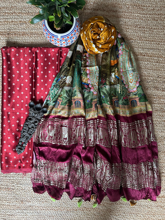 MAROON MASHRU KURTA WITH BANDHANI PICHWAI HANDCRAFTED  MODAL SILK DUPATTAS