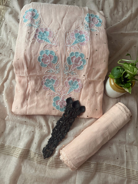HUSH BLUSH PINK CHANDERI LUCKNOWI CHICKENKARI WITH MOTI  CUTDANA WORK HAND EMBROIDERY THREE PIECE SUIT