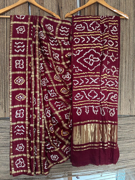 BRUNT MAROON GAJJI SILK RAI BANDHANI  GHARCHOLA SARI  BS-36