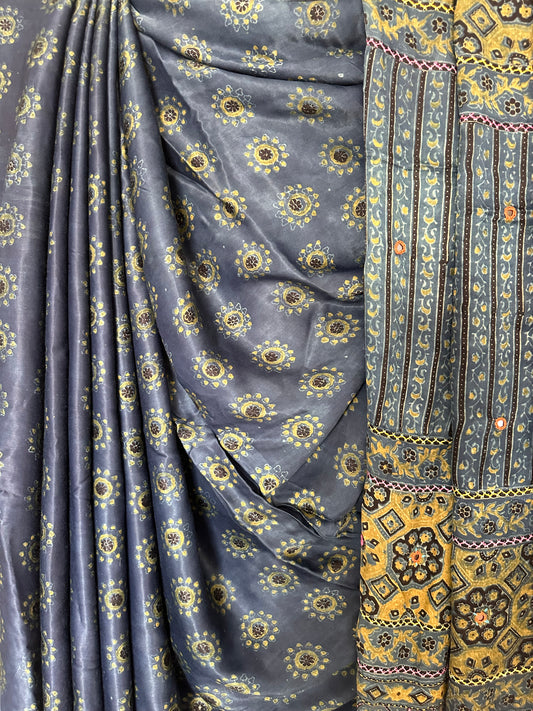 INDIGO  EMBROIDERY AJRAKH MODAL SILK SARI WITH EMBROIDERY