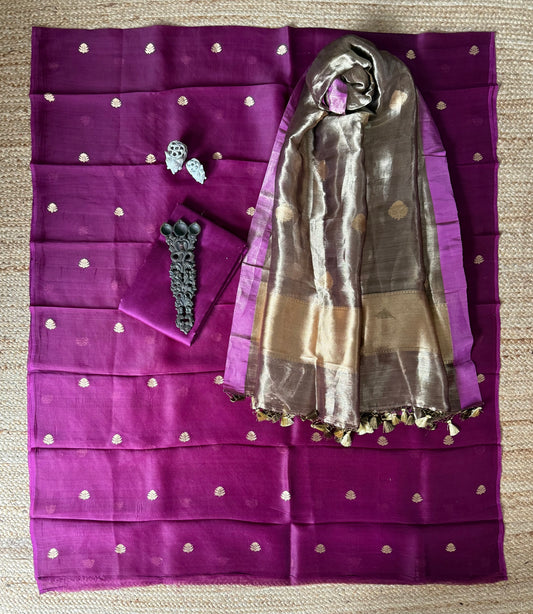 Midnight Purple Kora silk certified handloom Banarsi kadwa Booti three piece suit   CBS-50