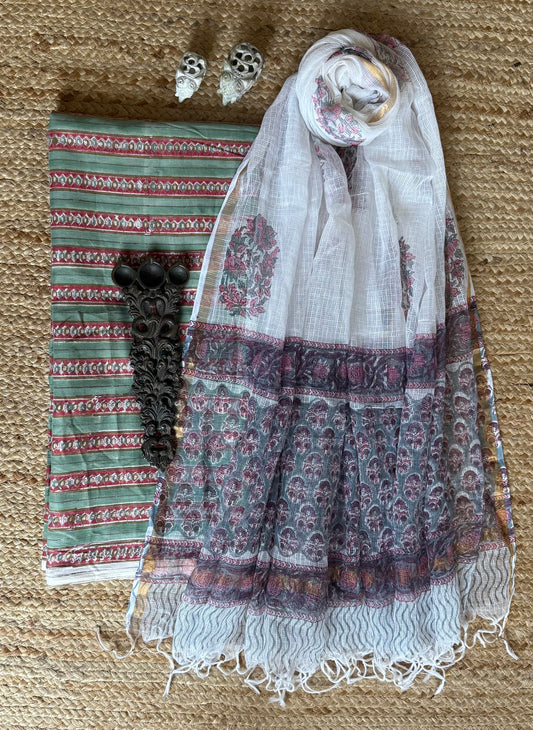 LIGHT GREEN JAIPURI  HANDBLOCK KURTA WITH KOTA DUPATTA SET