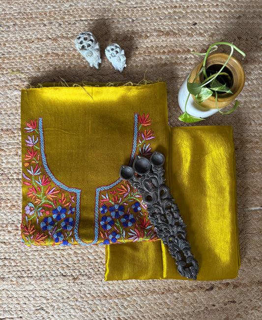 Mustard mashru silk hand embroidery kashmiri handembroidery sozni work cord set cs-18