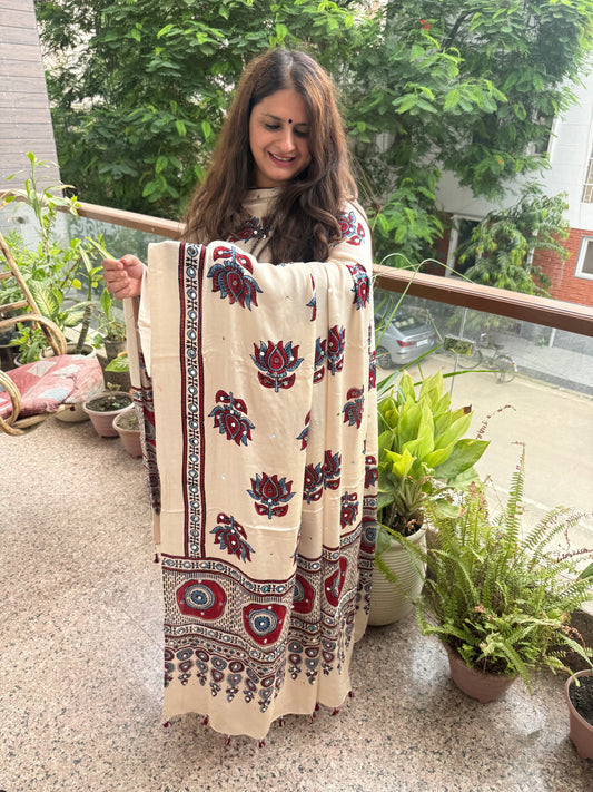 Maroon Modal Silk Kurta With Beige Ajrakh Handcrafted Mirror Work Modal Silk Dupatta