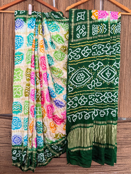 GREEN & MULTI COLOUR GAJJI SILK GHARCHOLA RAI BANDHANI GAJJI SARI  BS- 2015