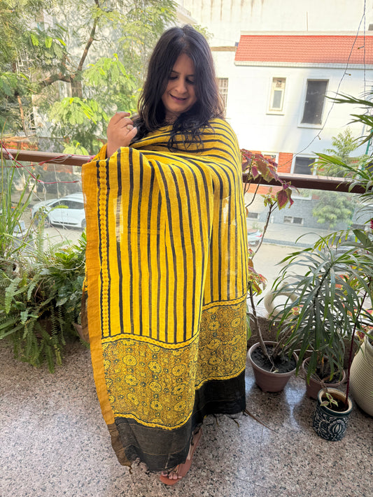 MUSTARD YELLOW AJRAKH LINEN SILK HANDBLOCK SUIT SET AL-303