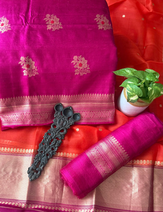 Fuchsia Pink raw silk certified handloom banarsi kadwa butti with woven zari three piece suit