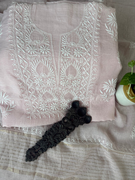 PASTEL  PINK PREMIUM  MULL CHANDERI LUCKNOWI CHICKENKARI HAND EMBROIDERY THREE PIECE SUIT