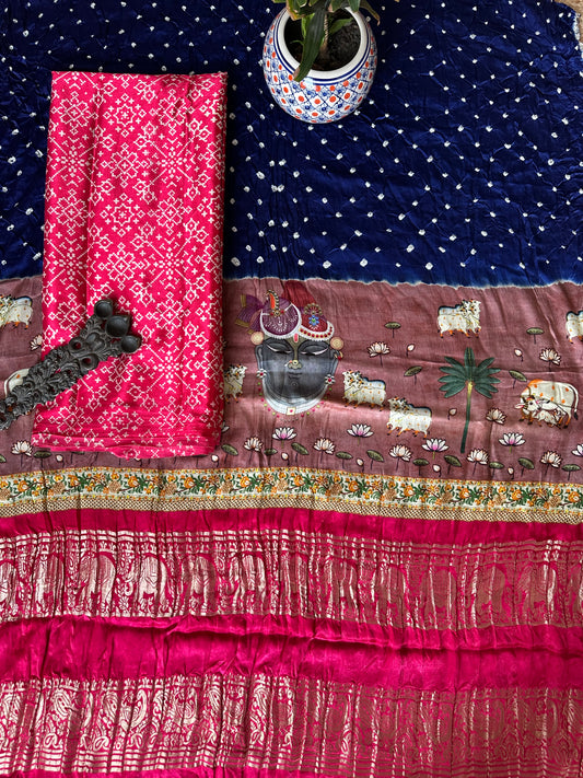 PINK MASHRU KURTA WITH BANDHANI PICHWAI HANDCRAFTED  MODAL SILK DUPATTAS