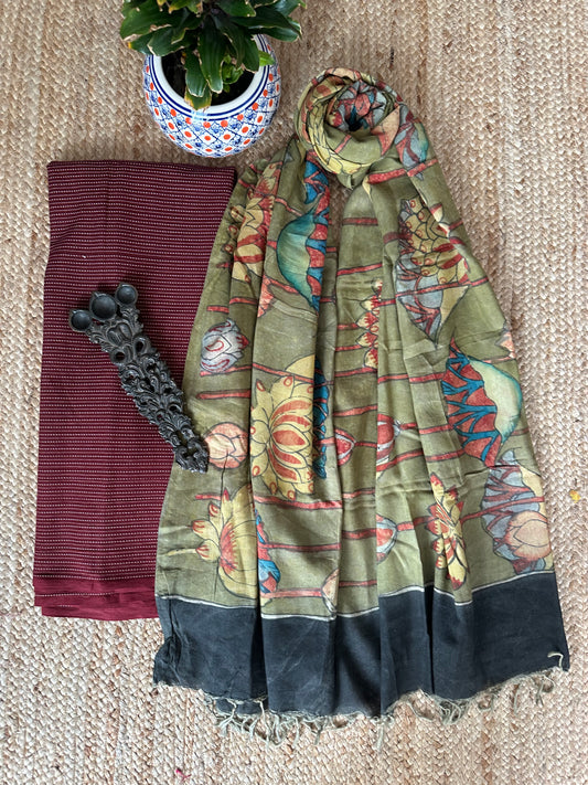 MAROON AJRAKH HANDBLOCK COTTON KURTA WITH KALAMKARI DUPATTA