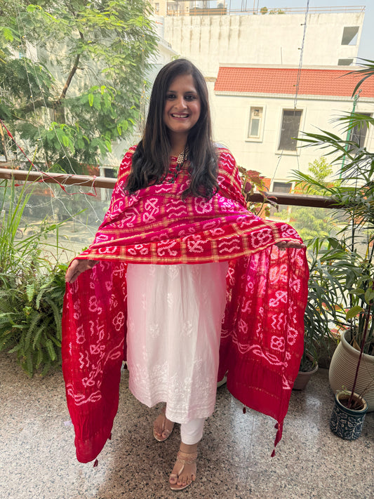 PINK & RED  HANDWOVEN HANDCRAFTED GAJJI SILK GHARCHOLA DUPATTA GGD-7