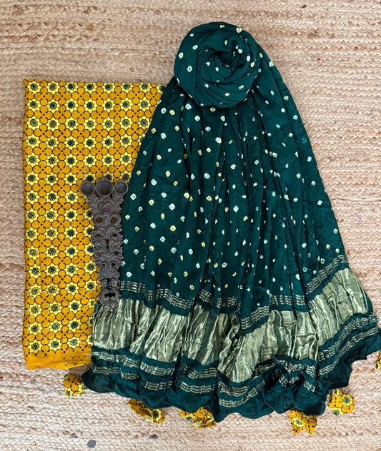 Yellow & bottle green ajrakh mashru silk kurta with bandhani handcrafted modal silk dupatta