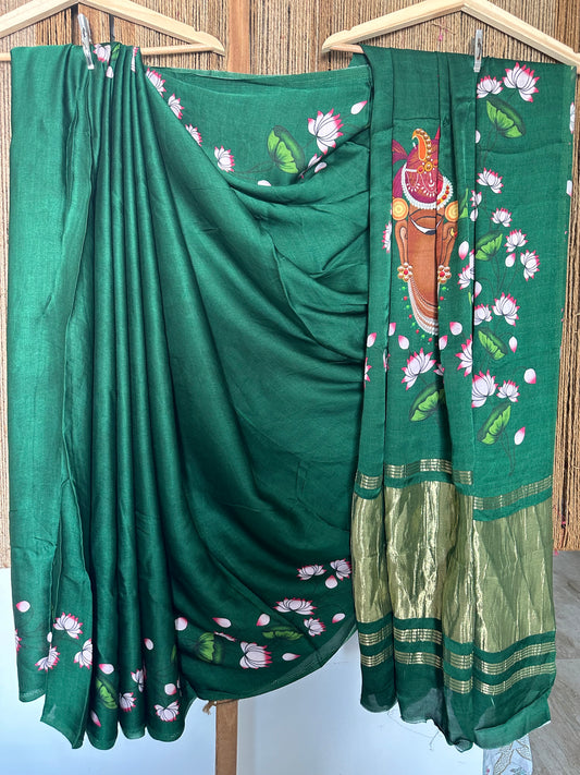 GREEN PICHWAI MODAL SILK PRINT SARI WITH ZARI BORDER