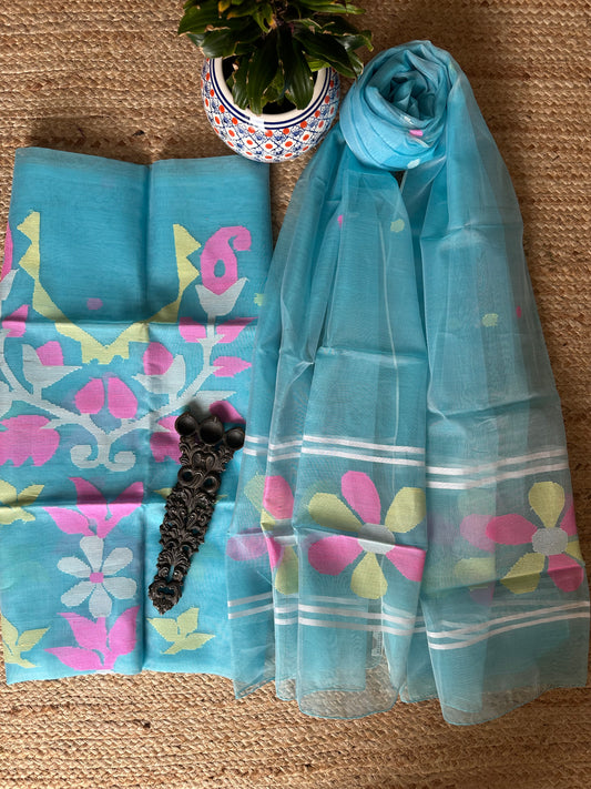 CYAN BLUE HANDWOVEN JAMDANI PURE MUSLIN SILK KURTA SET MJK-71