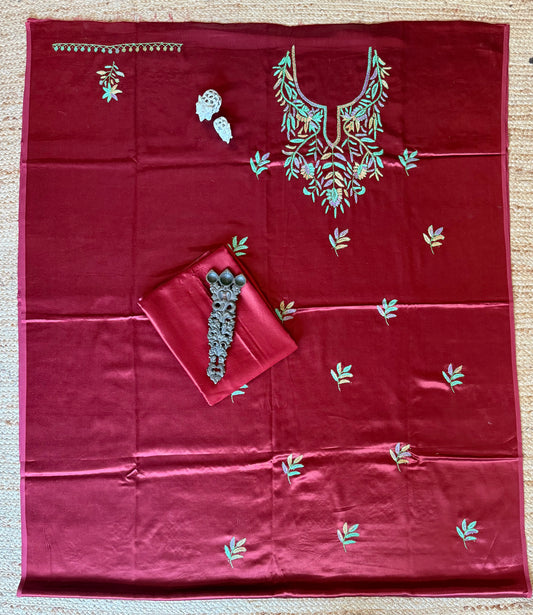 MAROON MASHRU SILK HAND EMBROIDERY KASHMIRI HANDEMBROIDERY SOZNI WORK CORD SET Cs- 30