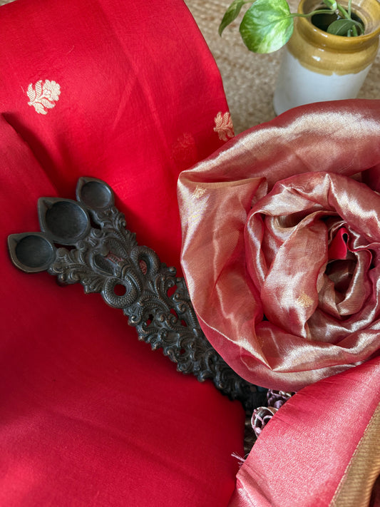 Crimson Red Kora silk certified handloom Banarsi kadwa Booti three piece suit   CBS-55